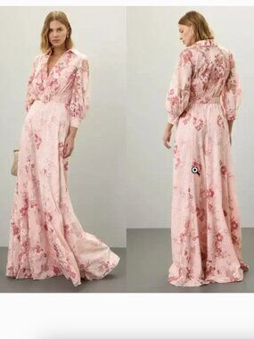 Badgley Mischka Shirt Dress Floral Lace Applique 3/4 Balloon Sleeve Maxi Pink 6